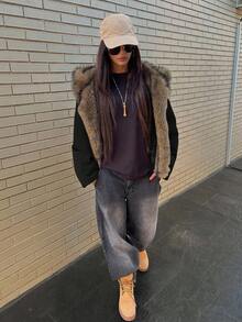 DAZY 女士拼接毛领宽松长袖连帽休闲街头风羽绒服，秋冬款 - 黑色 - 查看 6