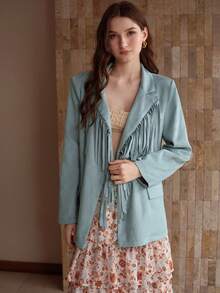 MOTF PREMIUM WOMEN'S ELEGANT FRINGE LAPEL COLLAR BLAZER - Teal Blue - View 6