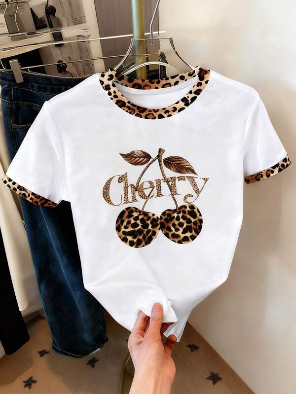 Resyla Camiseta casual de mujer con ajuste holgado, estampado de leopardo y contraste de color cereza