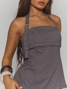 MUSERA Halterneck Buckle Strap Boned Backless Top Fall Autumn Winter Streetwear Cool Night Out Everyday Sexy Onyx - Grey - View 2