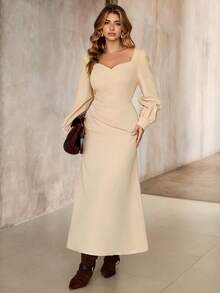 Roveilla 大码女士优雅黄色方领泡泡袖收腰连衣裙，春秋季 - 卡其色 - 查看 6