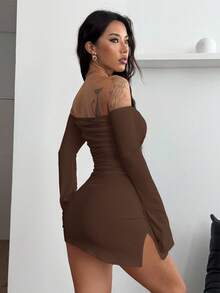 Coolane 女士白色针织修身露肩连衣裙 - 棕色 - 查看 6