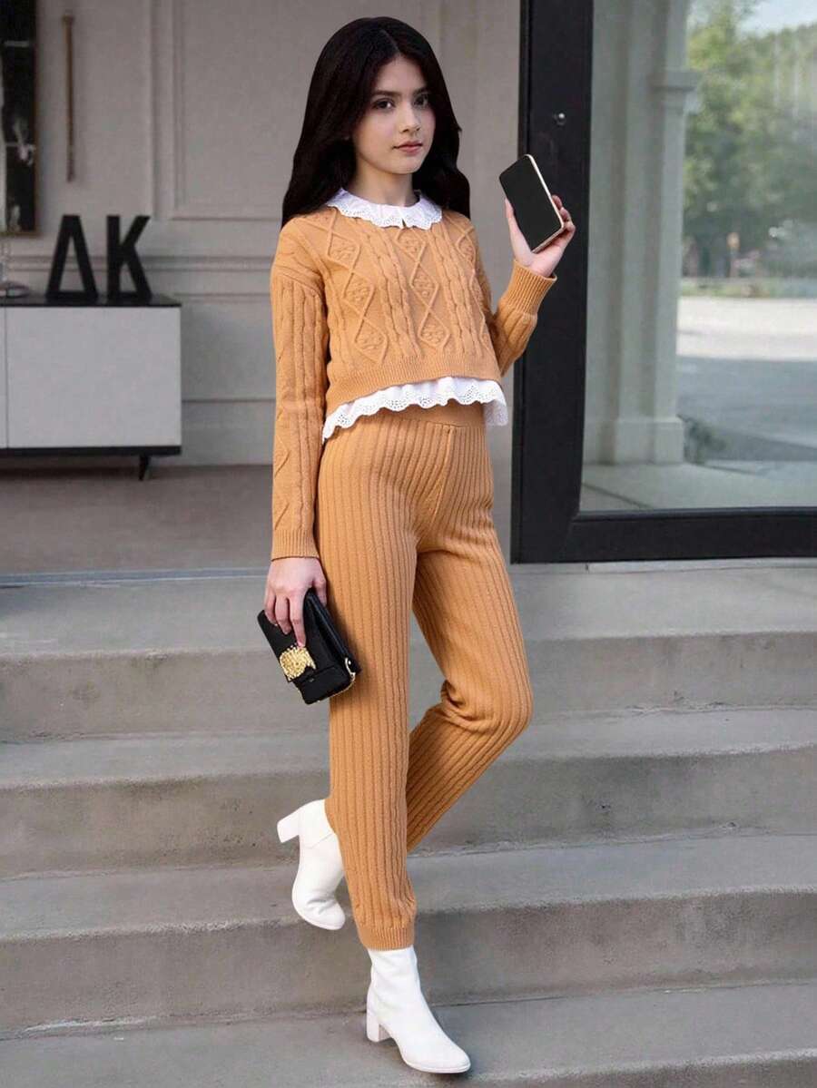 Girls' New Sweet Lace Trim Lazy Solid Color Jacquard Pullover Sweater With Casual Wide Leg Pants, Suitable For Travel, Gatherings, And Back To School - Bronze - View 1