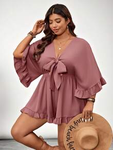 SHEIN VCAY Bộ đồ liền thân tay cánh dơi màu trơn cỡ lớn, viền bèo nhún, thắt eo - Bụi tím - Xem 5