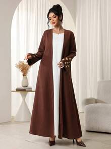 Al Najma Abaya con mangas largas y adornos de strass para mujeres, elegante para fiestas y salidas, otoño/invierno - Café integral - Ver 3