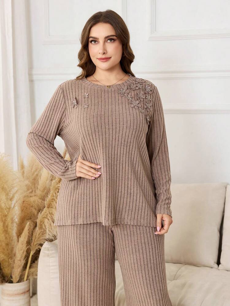 Lacomfia Conjunto de 2 peças com Blusa de Moletom de Gola Redonda de Manga Longa Confortável e Casual para Mulheres Plus Size e Calça de Tricô Elegante - Caramelo - Visão 4