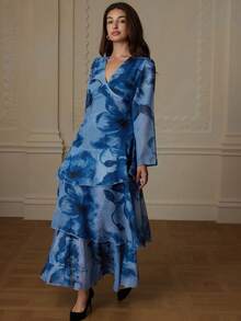 Revavyn 春夏新款印花雪纺多层性感喇叭裙 - 藍色 - 查看 6