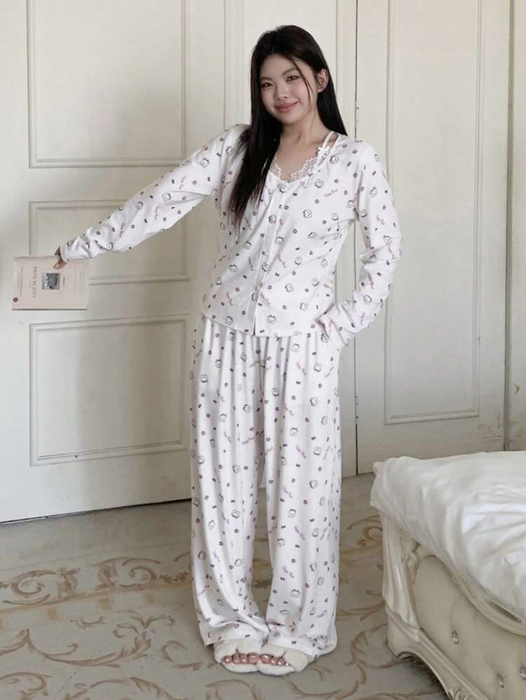 Dazy Plus 2pcs/Set Cute Cartoon Floral Print Lace Patchwork Pullover Top And Pants Pajama Set, Casual Loungewear For Plus Size Women
