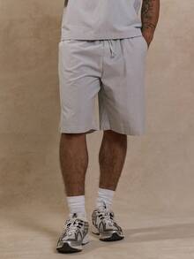 Musero Men Elasticated Pinstripe Longline Shorts Summer Street Style Holiday Vacation Casual Smart - Khaki - View 2