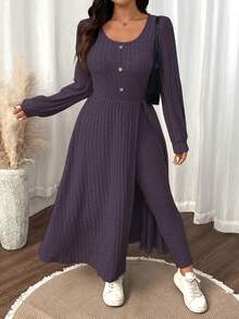 SHEIN LUNE Plus Size Women Solid Color Fuzzy Ribbed Minimalist Casual Autumn/Winter Top And Slim Fit Pants Set - Purple - View 7