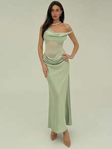 Aloruh Đầm dài lệch vai phối lưới gợi cảm dành cho nữ, màu xanh lá cây. - màu xanh lá - Xem 4