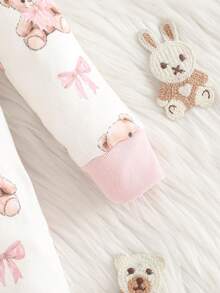 Cozy Pixies Baby Girl Snug Fit Pajama Set, Cartoon Bear & Bow Pattern Knit Soft Round Neck Long Sleeve Jumpsuit With Leggings, Versatile & Comfortable
