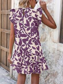 Breezaya Allover Leaf Print Ruffle Trim Smock Dress Vacation Beach Outfits Women - Dusty Purple - View 2