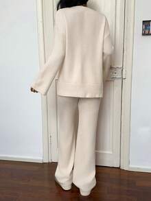 SHEIN Unity 2pcs Women's Solid Color Round Neck Drop Shoulder Long Sleeve Sweater And Knit Pants Casual Suit, Fall Autumn/Winter - Beige - View 2