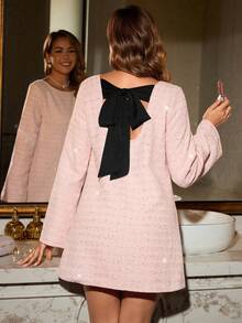 Amorya Abito corto elegante da donna con scollo rotondo, schiena scoperta, fiocco, maniche lunghe, colore a contrasto, rosa, autunnale - Rosa - Visualizzare 2