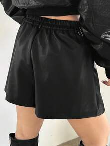 Dazy Plus Plus Size Women Casual Solid Color Short Straight PU Shorts, Autumn/Winter - Black - View 2