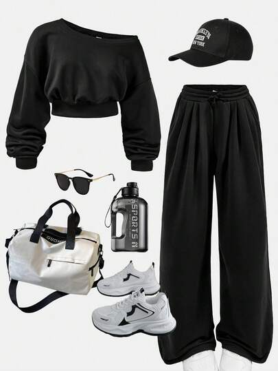 Girlism 2 件套青少年女孩纯色不对称领短款上衣和阔腿休闲裤，返校季