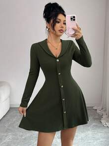Selianne Women's Autumn New Knitted Long Sleeve Sexy Ribbed Dress - Dark Green - View 8