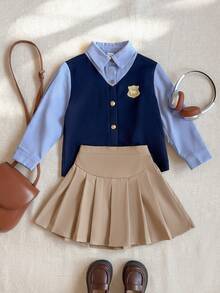 PrepCrw 两件套少女优雅都市校园休闲套装，浅蓝色撞色藏蓝色翻领长袖开衫衬衫搭配卡其色百褶裙，适合返校、休闲外出、旅行、聚会、假期、秋冬季穿着。 - 彩色 - 查看 2