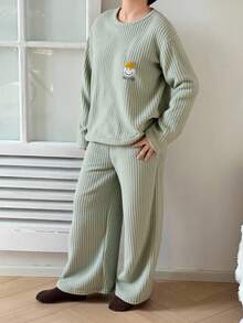 DAZY Kids Fall Clothes Boys Cute Embroidered Fleece Crew Neck Long Sleeve Top And Pants Pajama Set - Green - View 6