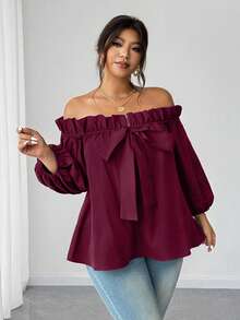 Elenzga 大码性感露肩上衣 - 酒紅色 - 查看 8