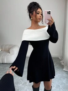 Rafferiza Váy ngắn chữ A tay loe dài phong cách Pháp thanh lịch giản dị tối giản ngày lễ hàng ngày màu đen và trắng tương phản cổ điển, thanh lịch, giản dị, tối giản, thích hợp cho mùa thu/đông, tiệc tùng, khách dự tiệc cưới, váy len nữ - Đen và trắng - Xem 3