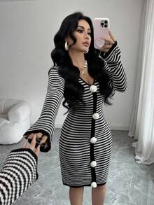 Rafferiza French Retro Vacation Casual Chic Minimalist Daily Versatile Spring Autumn Winter Women's Long Sleeve V-Neck 3D Floral Hand-Knitted Contrast Color Black & White Striped Flared Sleeve Midi Sweater Dress - Black and White - View 6