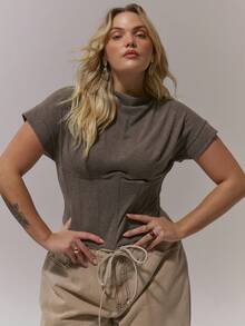 MUSERA Plus Cap Sleeve Snatched Underbust Corset Top Classy Casual Sexy Going Out Toffee ,Elegant Spring Summer Holiday - Brown - View 1