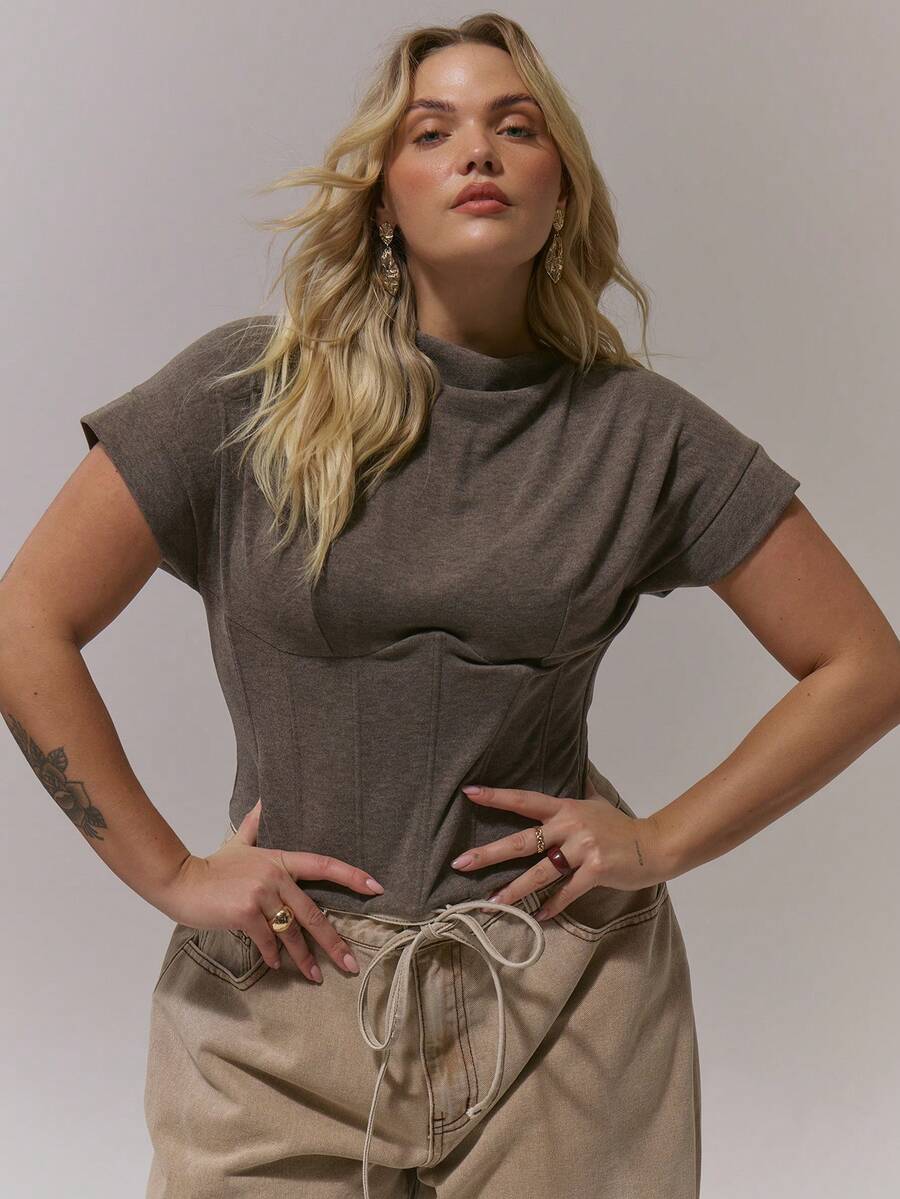MUSERA Plus Cap Sleeve Snatched Underbust Corset Top Classy Casual Sexy Going Out Toffee ,Elegant Spring Summer Holiday - Brown - View 1