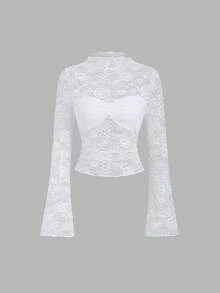 Sweetra 女士复古性感蕾丝透视喇叭袖修身衬衫，舒适百搭，适合春秋季派对和休闲穿着。 - 白色 - 查看 3