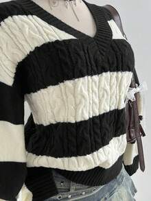 Elamini 女士休闲V领条纹灯笼袖针织衫，多色可选，适合秋冬季穿着 - 黑與白 - 查看 5