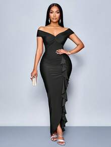 SOLERSUN Mùa hè Thu Quần áo dự tiệc cho nữ Burgundy trễ vai tay ngắn giữa ngực trước thắt nút hai bên xẻ tà phía trước xếp nếp viền váy dài - màu đen - Xem 4