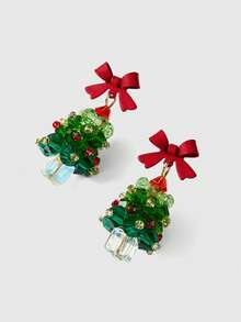 ROMWE Kawaii 一对可爱甜美红色蝴蝶结圣诞树形耳环适合女性任何场合 - 綠色 - 查看 3