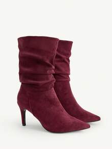 CUCCOO CHICEST 女士秋冬新款褶皱尖头细高跟优雅通勤百搭经典舒适黑色仿麂皮绒中筒靴，适合约会、工作、万圣节、圣诞节、感恩节等场合，用途广泛。 - 紅色 - 查看 2