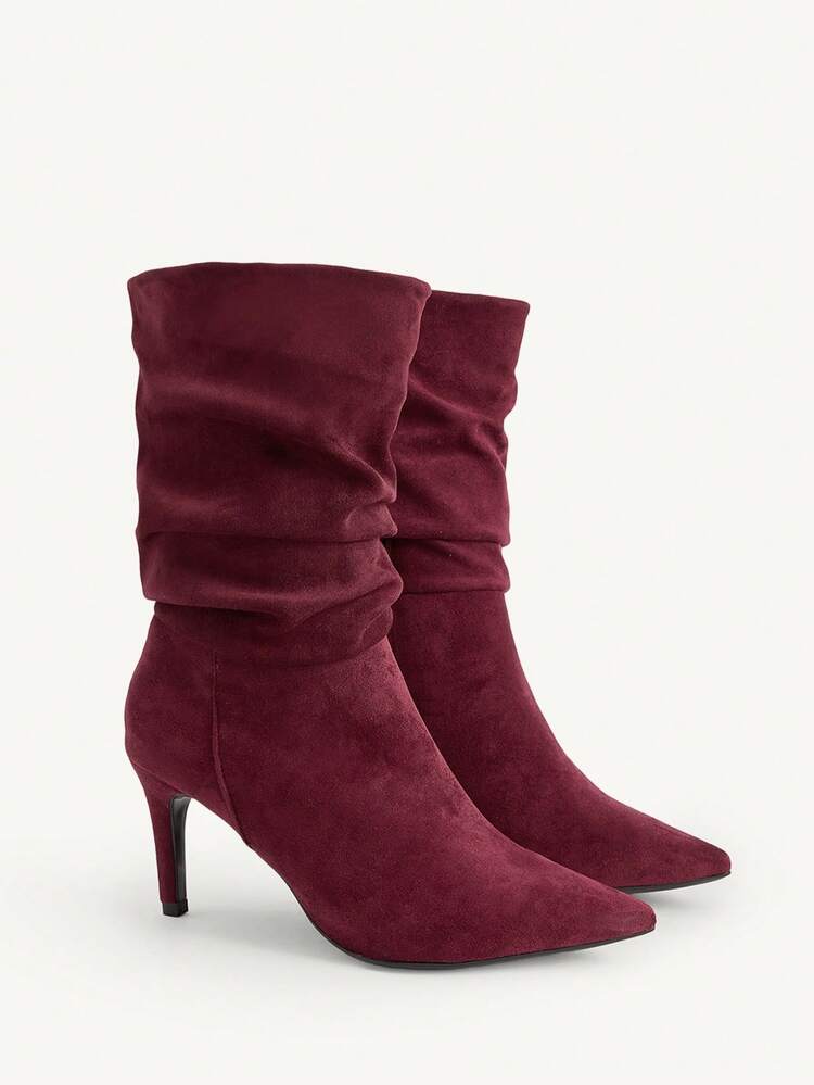 CUCCOO CHICEST Women's Autumn/Winter New Arrival Pleated Pointed Toe Slim High Heel Elegant Commuter All-Match Classic Comfortable Black Faux Suede Velvet Mid-Calf Boots, Suitable For Date, Work, Halloween, Christmas, Thanksgiving, Versatile