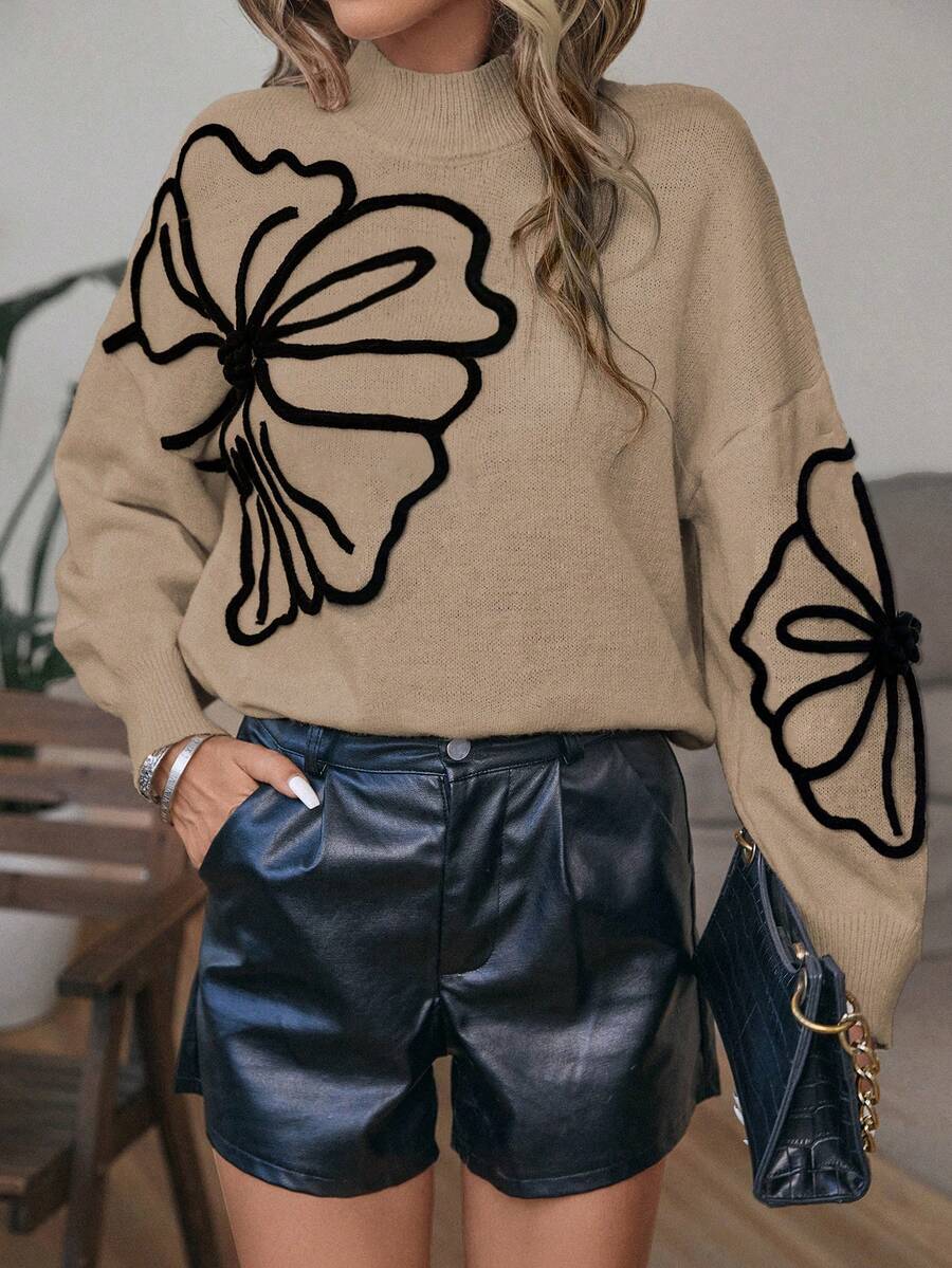 SHEIN LUNE Butterfly Pattern Mock Neck Drop Shoulder Sweater,Long Sleeve Tops Knit Pullover Fall Winter Outfit - Khaki - View 1