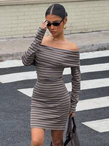 Muchica Women's Off-Shoulder Long Sleeve Fitted Striped Dress