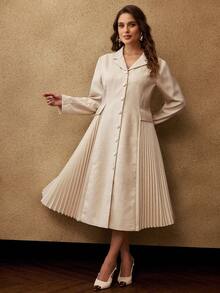 MOTF PREMIUM 大翻领长袖撞色褶饰连衣裙 - 杏色 - 查看 1