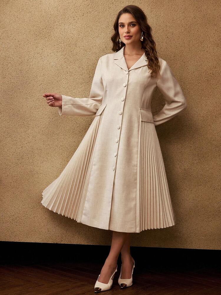 VESTIDO DE MANGA LARGA CON CUELLO DE SOLAPA Y PLIEGUES DE CONTRASTE TALLA GRANDE