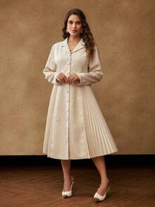 MOTF PREMIUM 大翻领长袖撞色褶饰连衣裙 - 杏色 - 查看 4