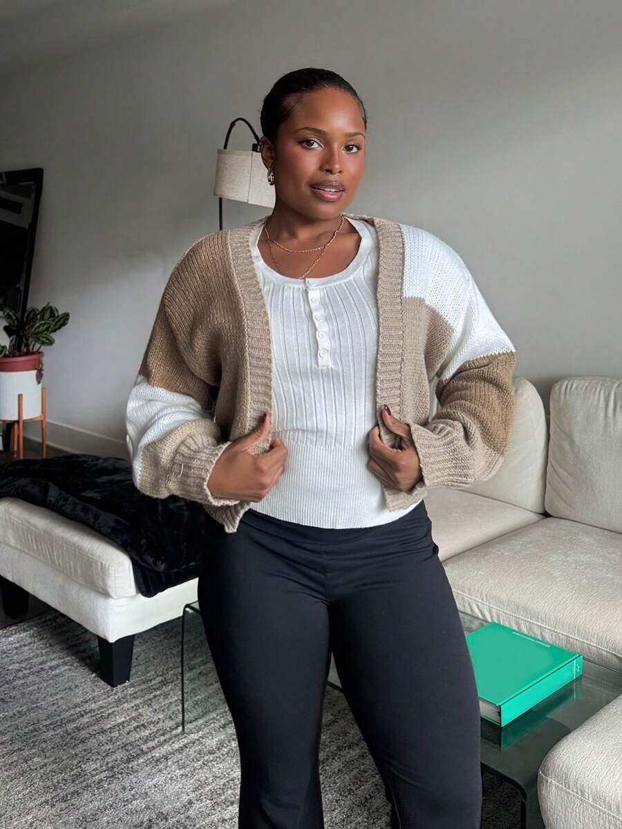 Tyla Gomez Colorblock Drop Shoulder Duster Cardigan,Long Sleeve Tops Fall Winter Cloth For Women - Multicolor - View 1