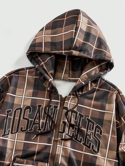 Sudadera con capucha casual con cremallera, de manga larga, con estampado de letras y cuadros, para otoño/invierno para hombres