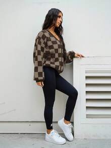 SAYEHFBABY Checkerboard Pattern Knit Cardigan Sweater For Women,Long Sleeve Tops,Fall Clothes Plaid