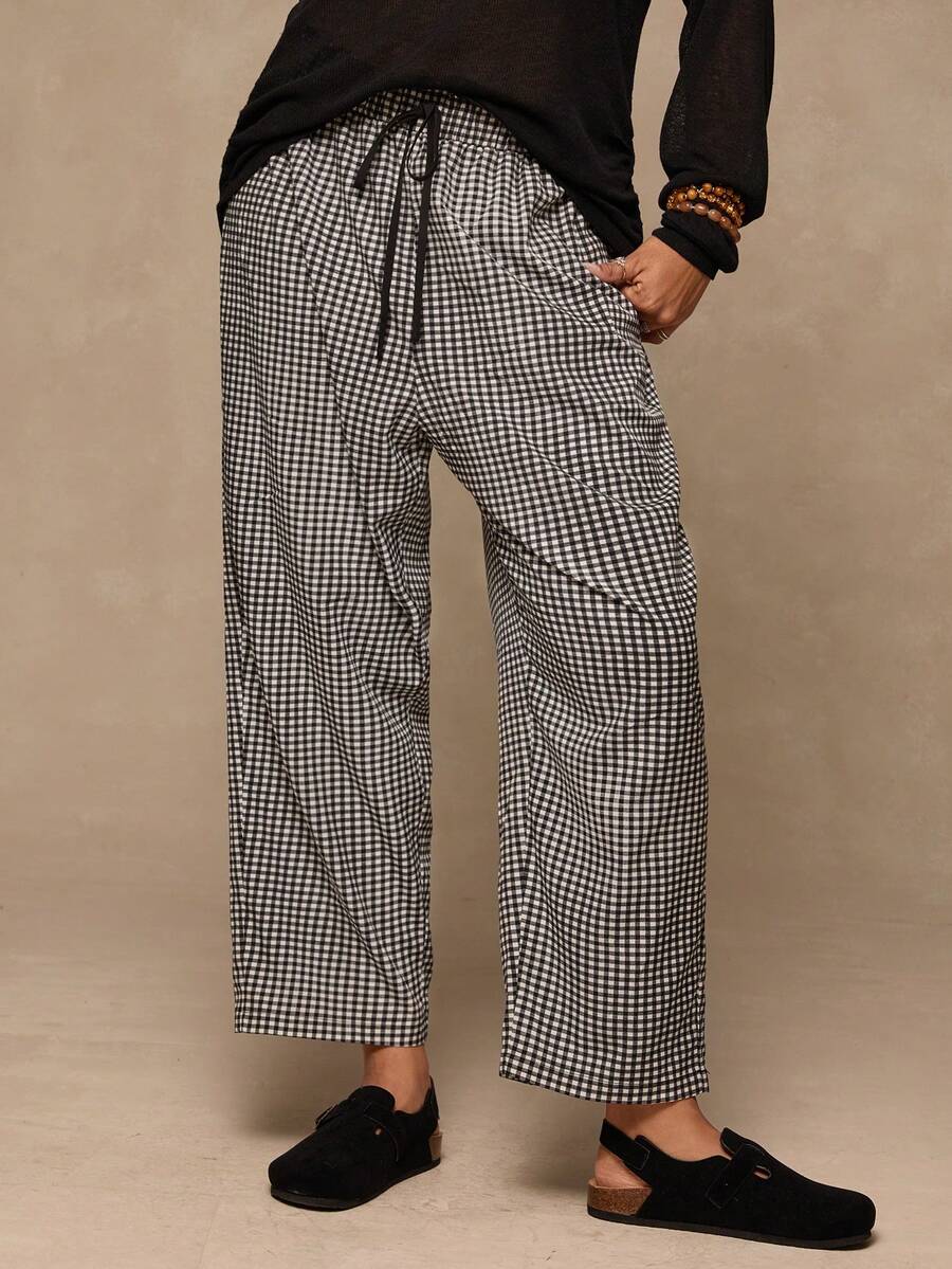 Freevana Luźne spodnie w kratę w dużych rozmiarach - Czarne i Białe - Zobacz 1