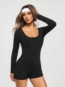 Eassivo Eassivo Women's Black Long Sleeve Zip Front Bodycon Romper,Summer Stretchy Slim Fit Shorts Jumpsuit,Athleisure Yoga Activewear For Gym,Workout,Casual Fashion - Black - View 6
