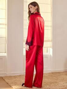 MOTF PREMIUM CONTRAST COLOR TRIM WOMEN'S PAJAMA SET, CHRISTMAS, NEW YEAR - Red - View 3