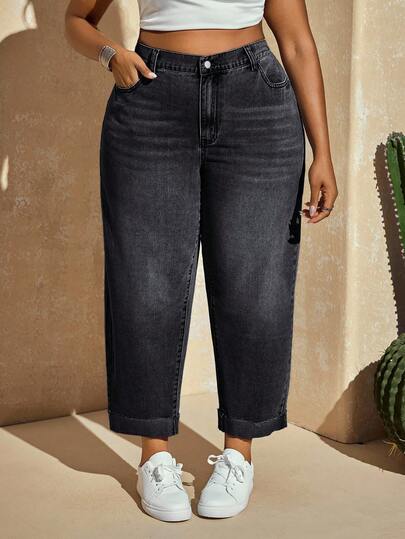 SHEIN SXY Plus Size Casual Everyday Distressed Cat Whisker Pocket Denim Jeans