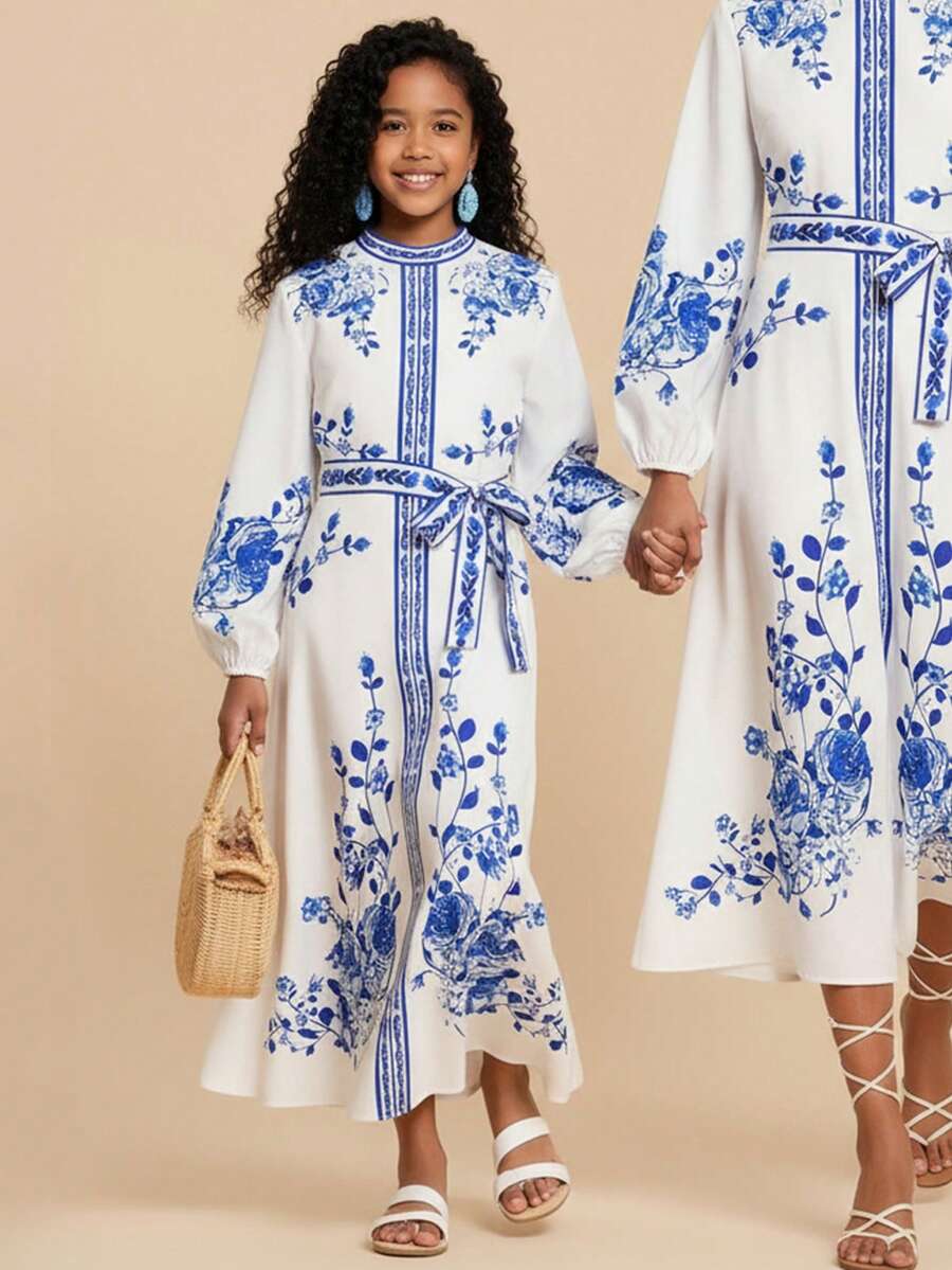 Travachic KIDS Tween Girl Cute & Elegant Blue & White Floral Print Long Sleeve Dress - Multicolor - View 1
