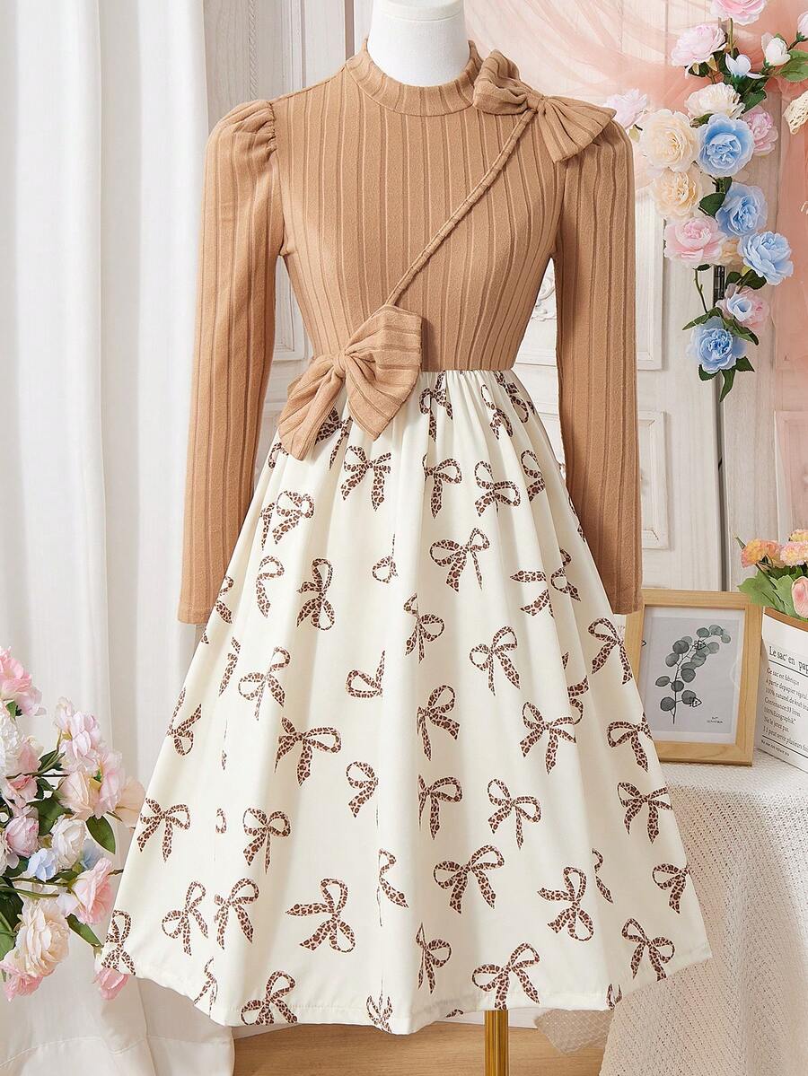 Vestido de manga larga con estampado de mariposa para niñas de talla grande - Albaricoque - Ver 1