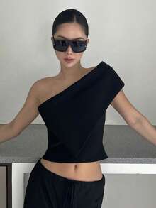 DAZY Áo thun trơn màu trơn vai chéo thường ngày mùa hè dành cho nữ - màu đen - Xem 8